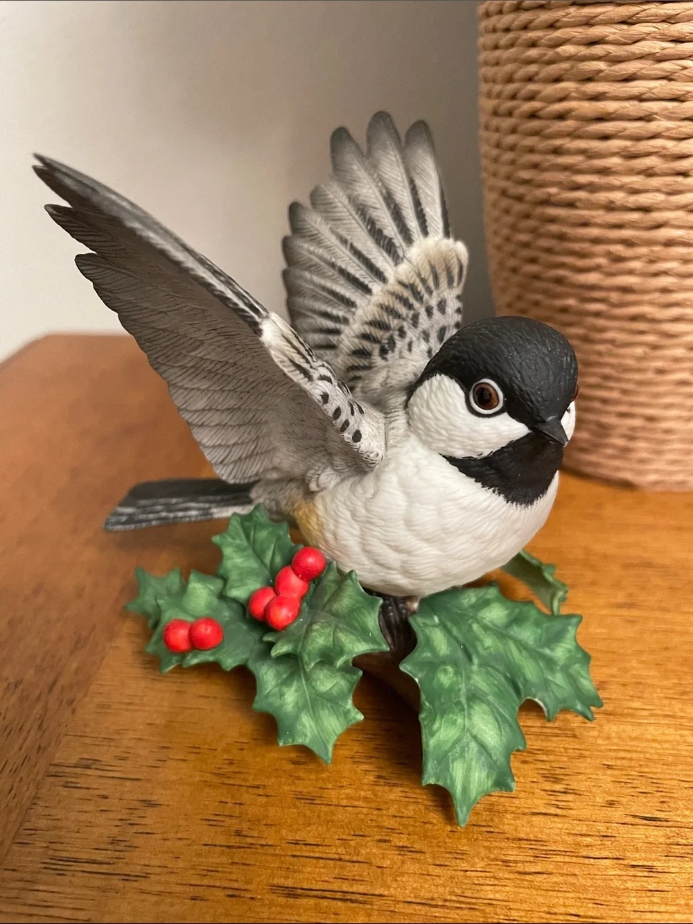 Lenox Fine Porcelain CHICKADEE Bird Figurine with Holly & Red Berries Decor